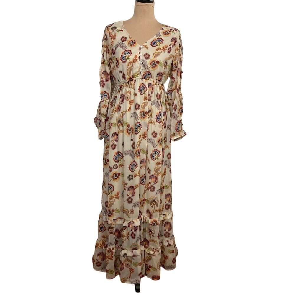 Stylish Nature Tiered Maxi Dress M Floral Pullover Ruffle Boho Chic Hippie Retro
